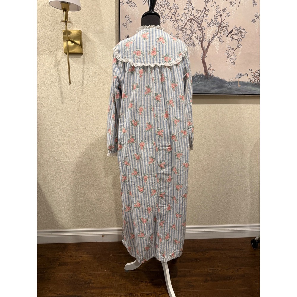 Vintage Lanz Accentueette Nightgown Blue Stripe Pink Floral Lace Ruffle Maxi L